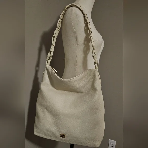 NWT Sam Edelman Bay Large Chainlink Hobo Pebble Leather Bag: Cream/Gold - Picture 1 of 15